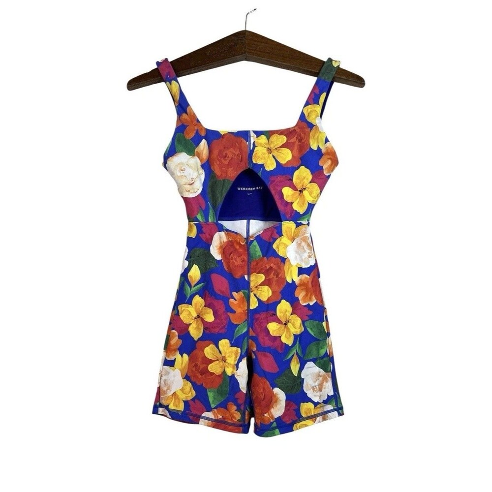 WeWoreWhat Blue Floral Cutout Romper with Yellow & Red Flowers